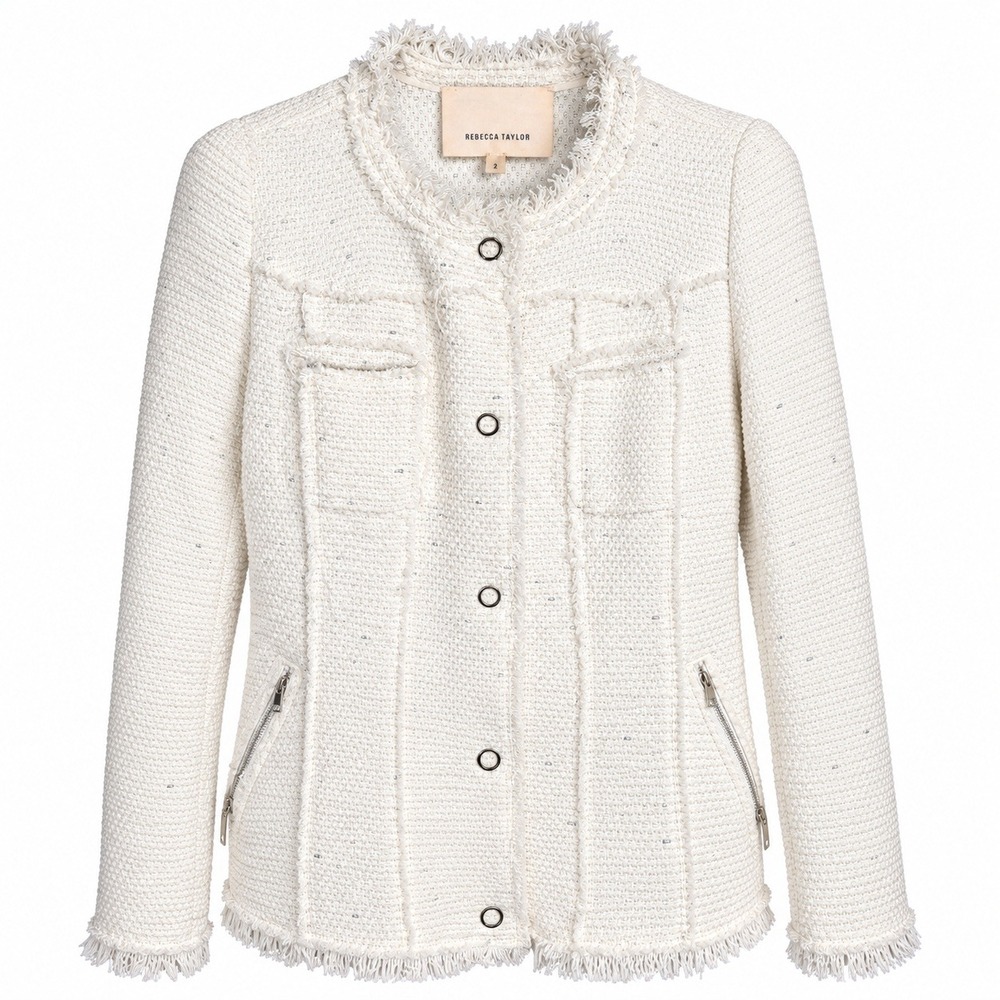 Rebecca Taylor Tweed Pattern Evening Jacket Size 2 Ivory Fringe Snap Front